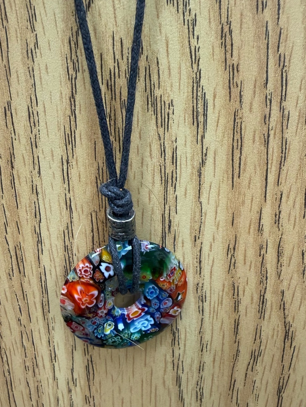 Boho Hand Crafted Multicolor Millefiori Glass Donut Necklace on Black Cord